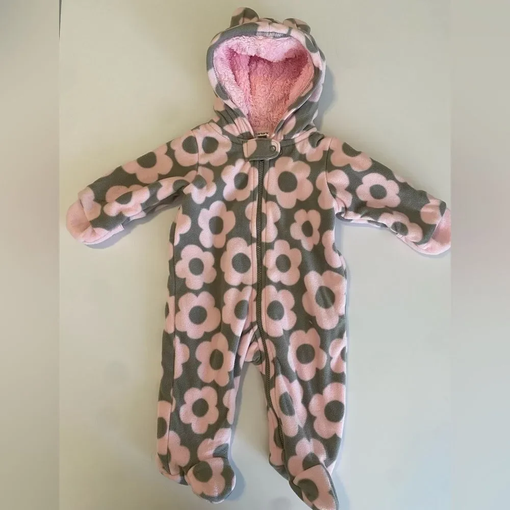 Pink and Gray Fleece Floral Baby Hooded Jumpsuit 3Months